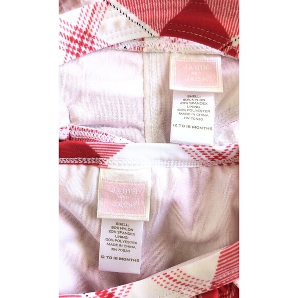 Janie and & Jack Sz 12-18 Month 2 Piece Swim Suit Plaid Skirted Bikini Red White - Picture 2 of 3